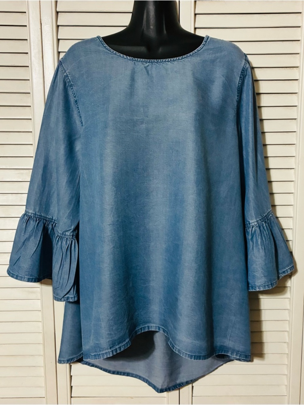 John Mark Washed Blue Denim-Look Ruffle Sleeve Women's Top